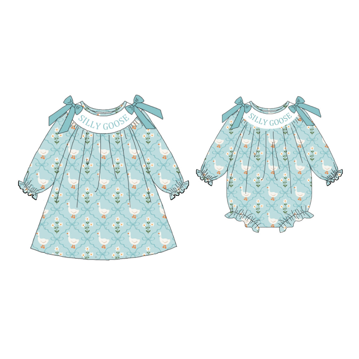 (Pre Order)Sisters Silly Goose Embroidery Smocked Dress&Romper