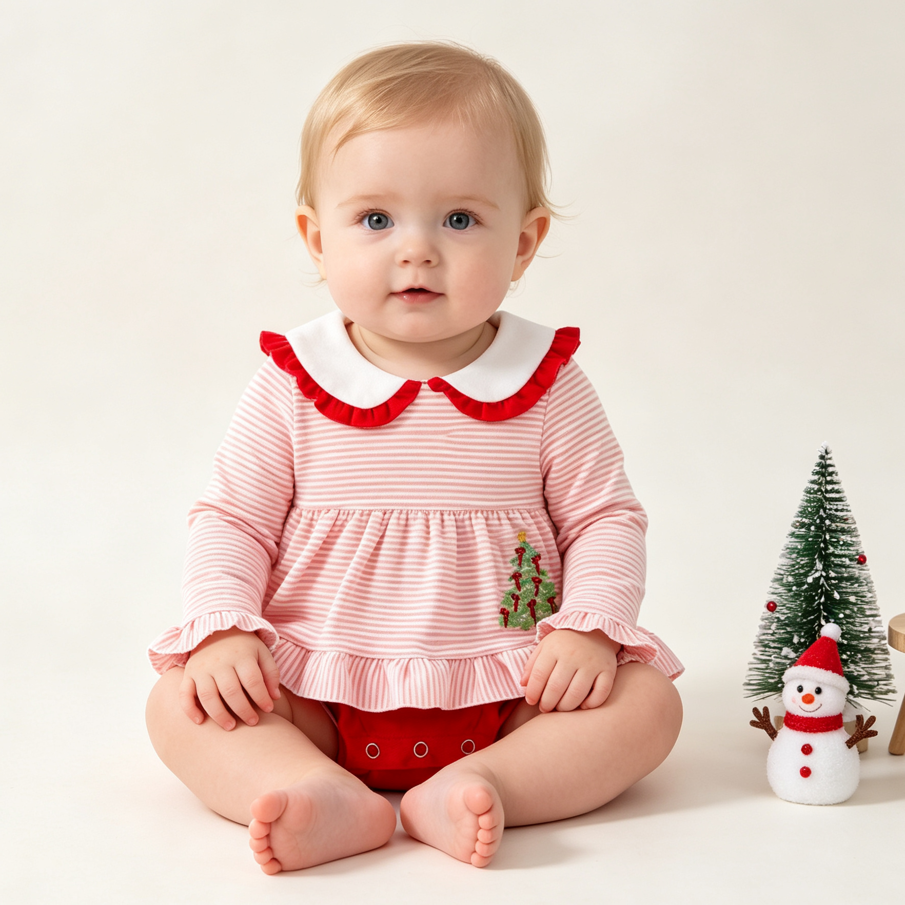 (In Stock)Toddler Girls Christmas Tree Embroidery Cotton Romper