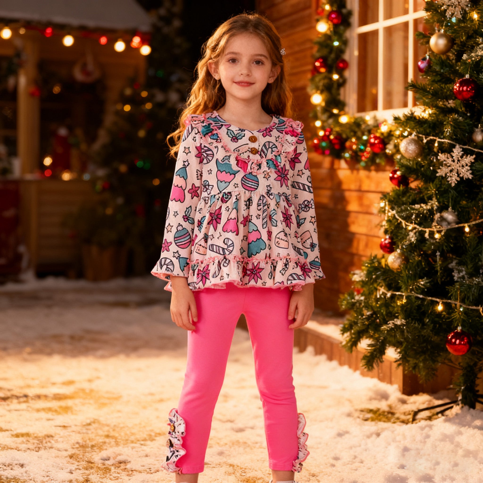 (In Stock)Girls Christmas Print Top Pink Pants Set