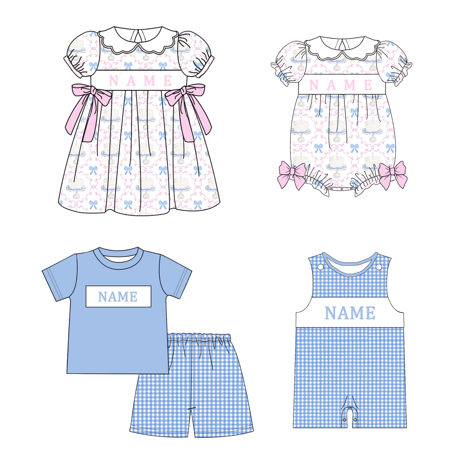 (Pre Order)Sibling Birthday Embroidery Smocked Dress,Romper&Shorts Set