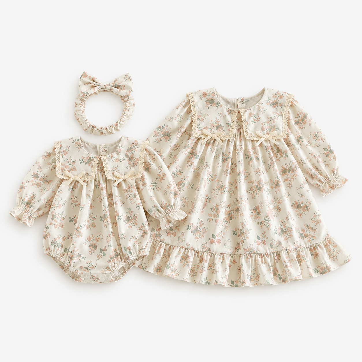 (In Production)Sisters Fall Floral Print Lace Bow Ruffle Dress&Romper