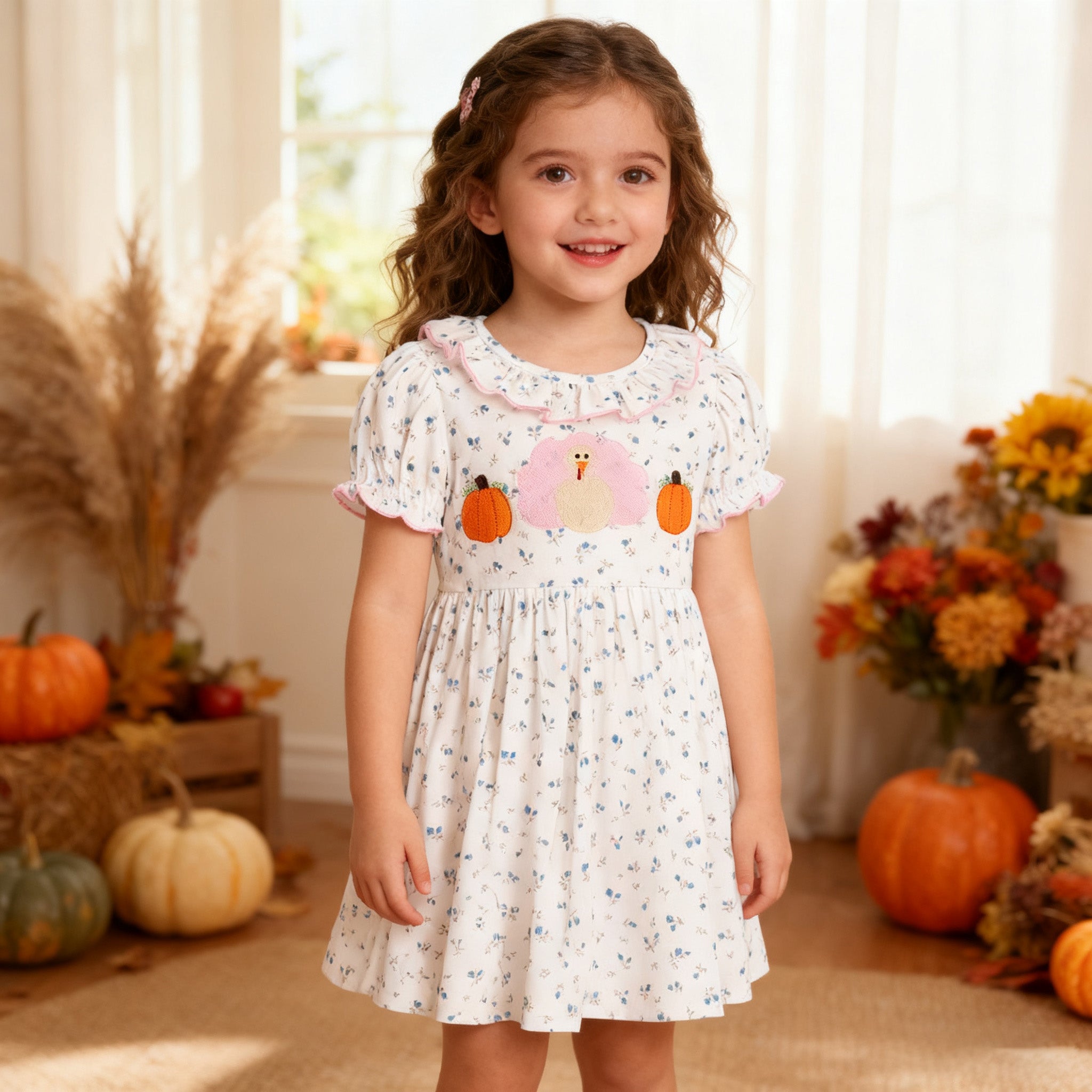 (In Stock)Girls Thanksgiving Turkey&Pumpkin Embroidery Dress