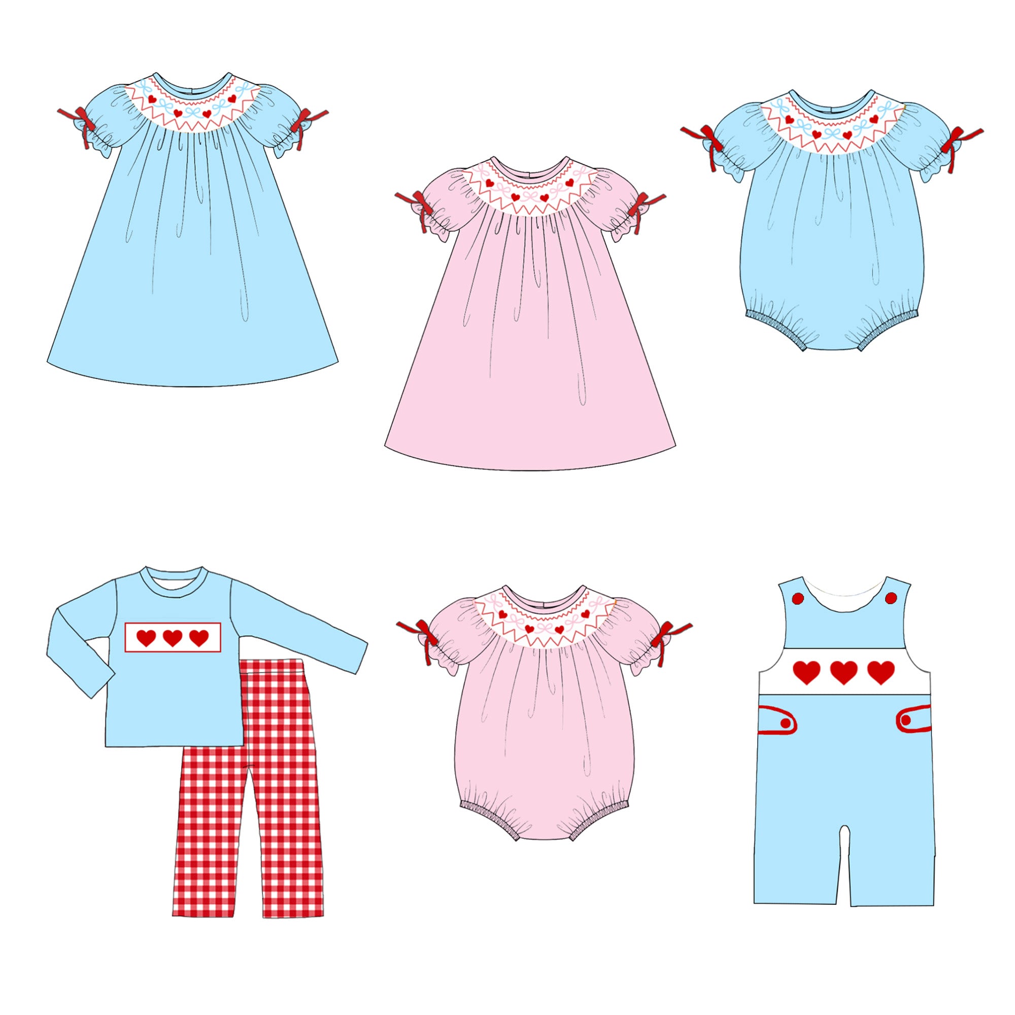(Pre Order)Siblings Valentine's Day Embroidery Smocked Dress,Set&Romper