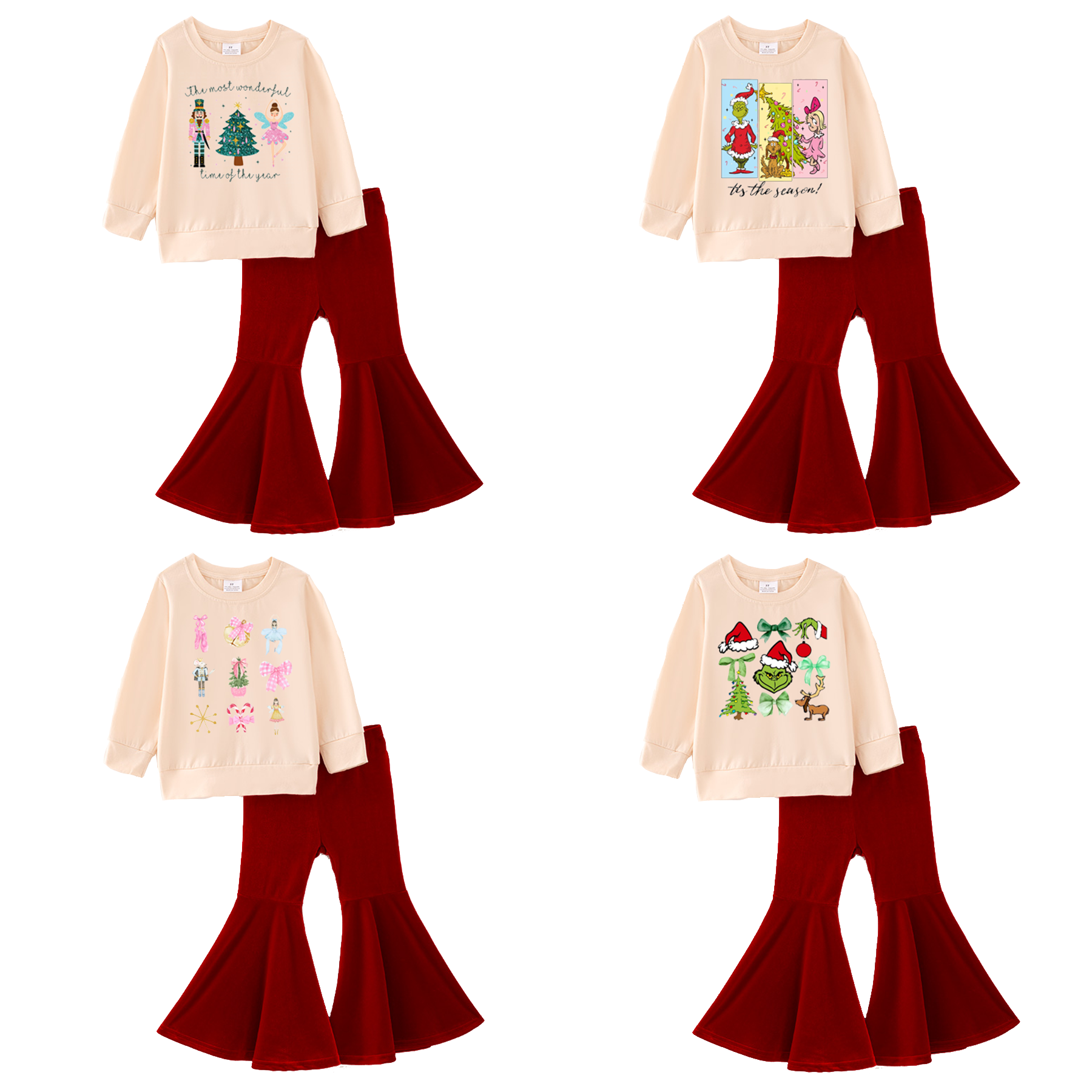 (Pre Order)Girls Christmas Print Top Velvet Pants Set