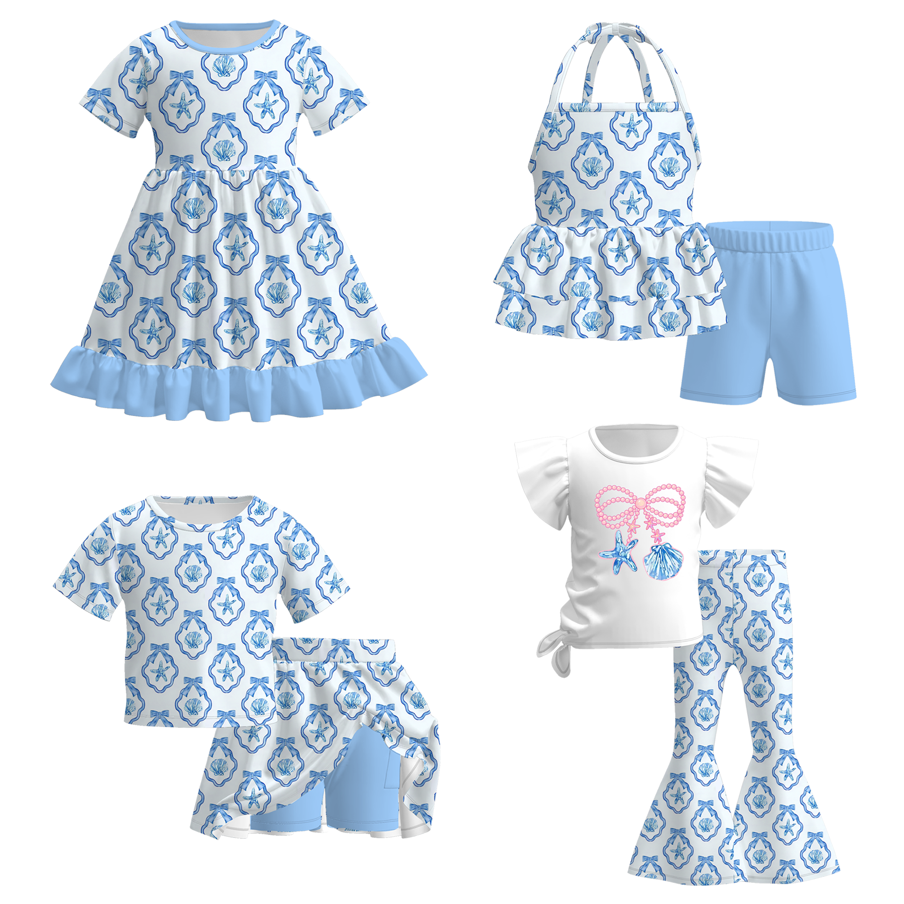 (Pre Order)Girls Spring&Summer Seashell Print Dress&Set