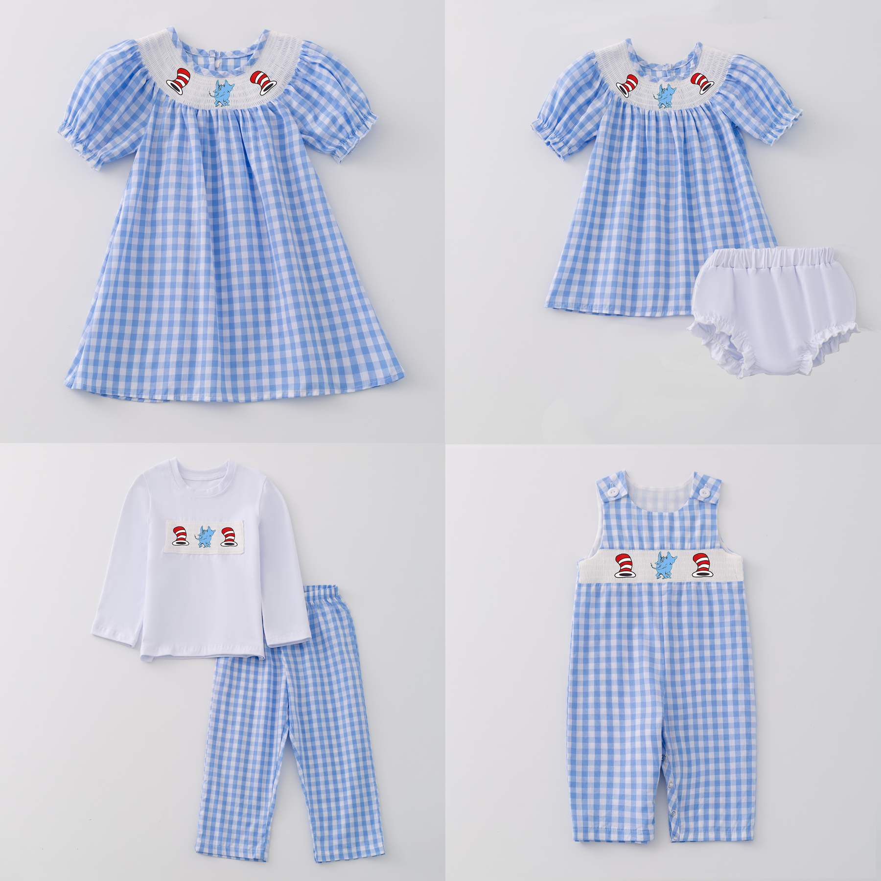 (Pre Order)Girls and Boys DR SEUSS Embroidery Smocked Dress Romper Outfit