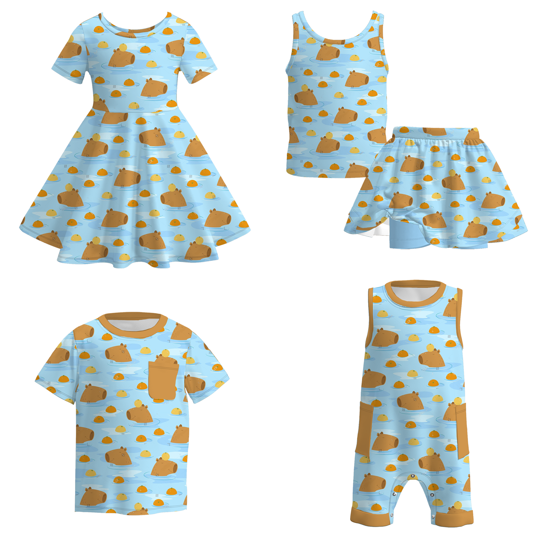 (Pre Order)Family Spring&Summer Cartoon Print Dress,Top&Romper