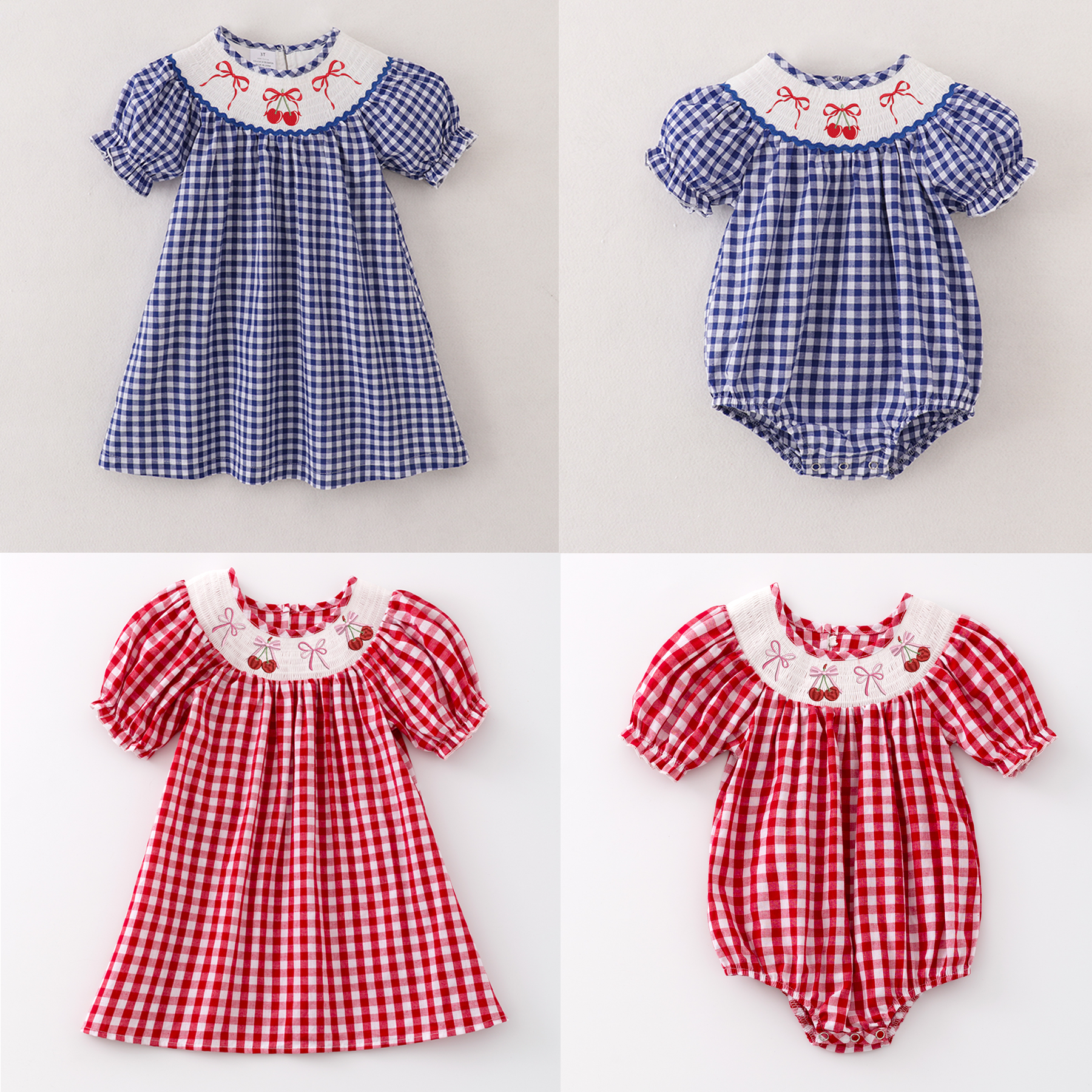 (Pre Order)Girls Spring and Summer Cherry Embroidery Smocked Dress and Romper