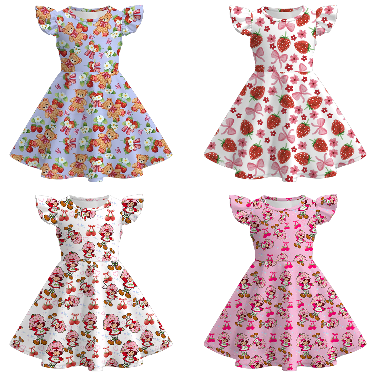 (Pre Order)Girls Spring and Summer Strawberry Print Flying Sleeves Dress