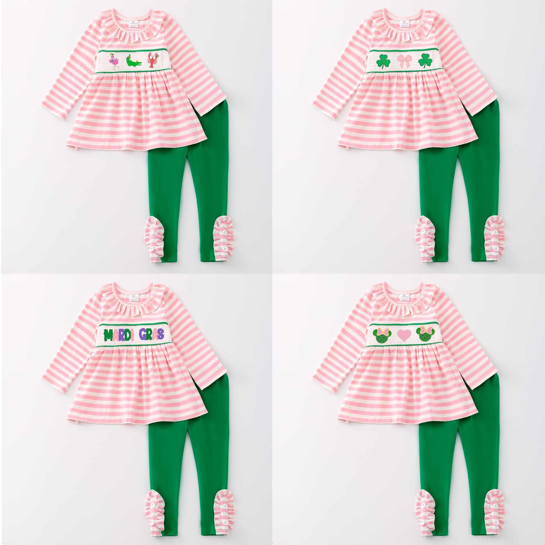 (Pre Order)Girls St. Patrick's Day and Mardi Gras Embroidery Smocked Outfit Set