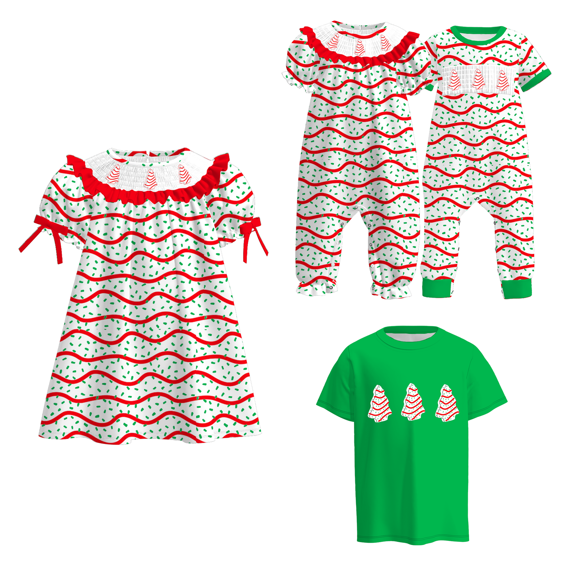 (Pre Order)Family Christmas Tree Embroidery Smocked Dress,Top&Romper