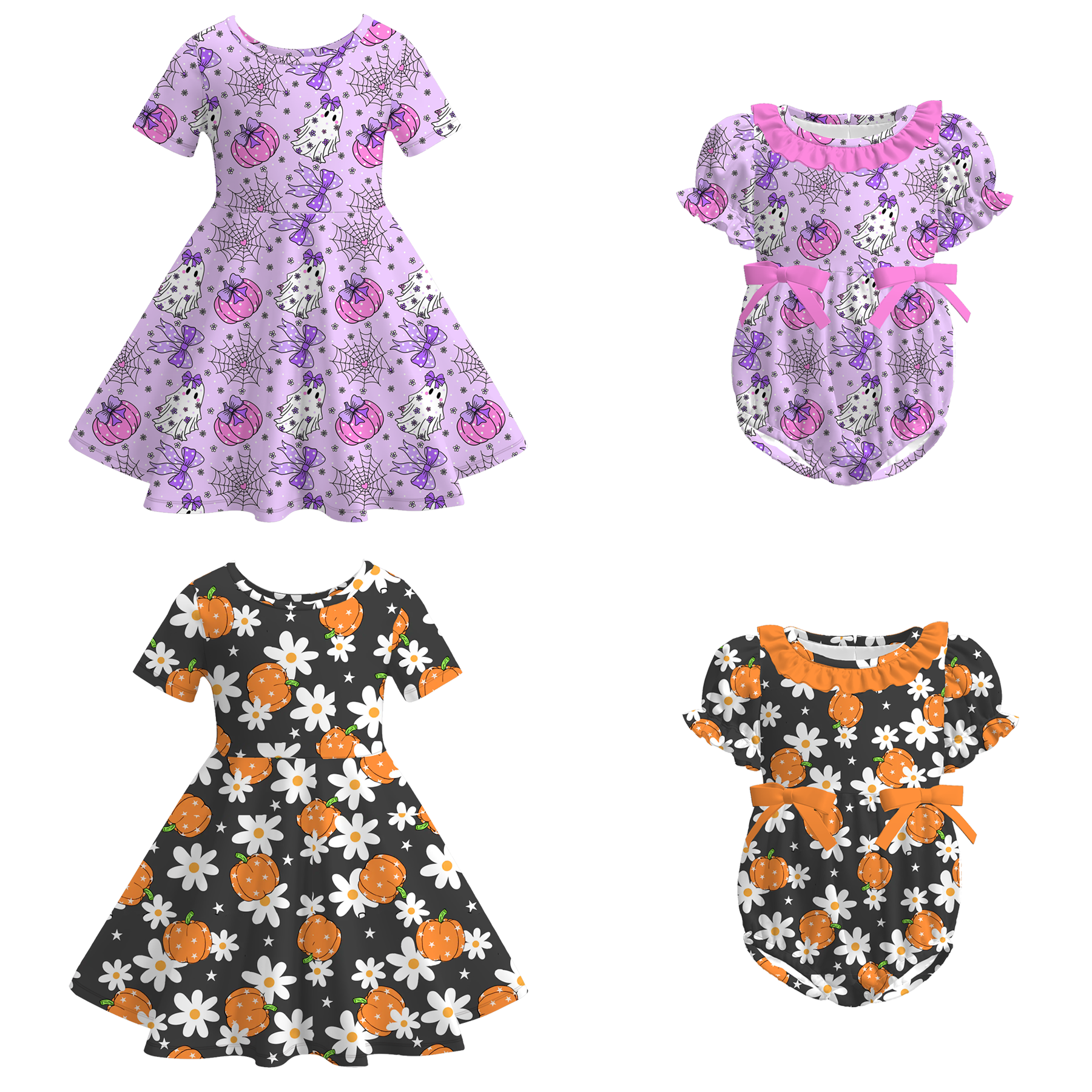 (Pre Order)Girls Halloween Pumpkin Print Dress&Romper