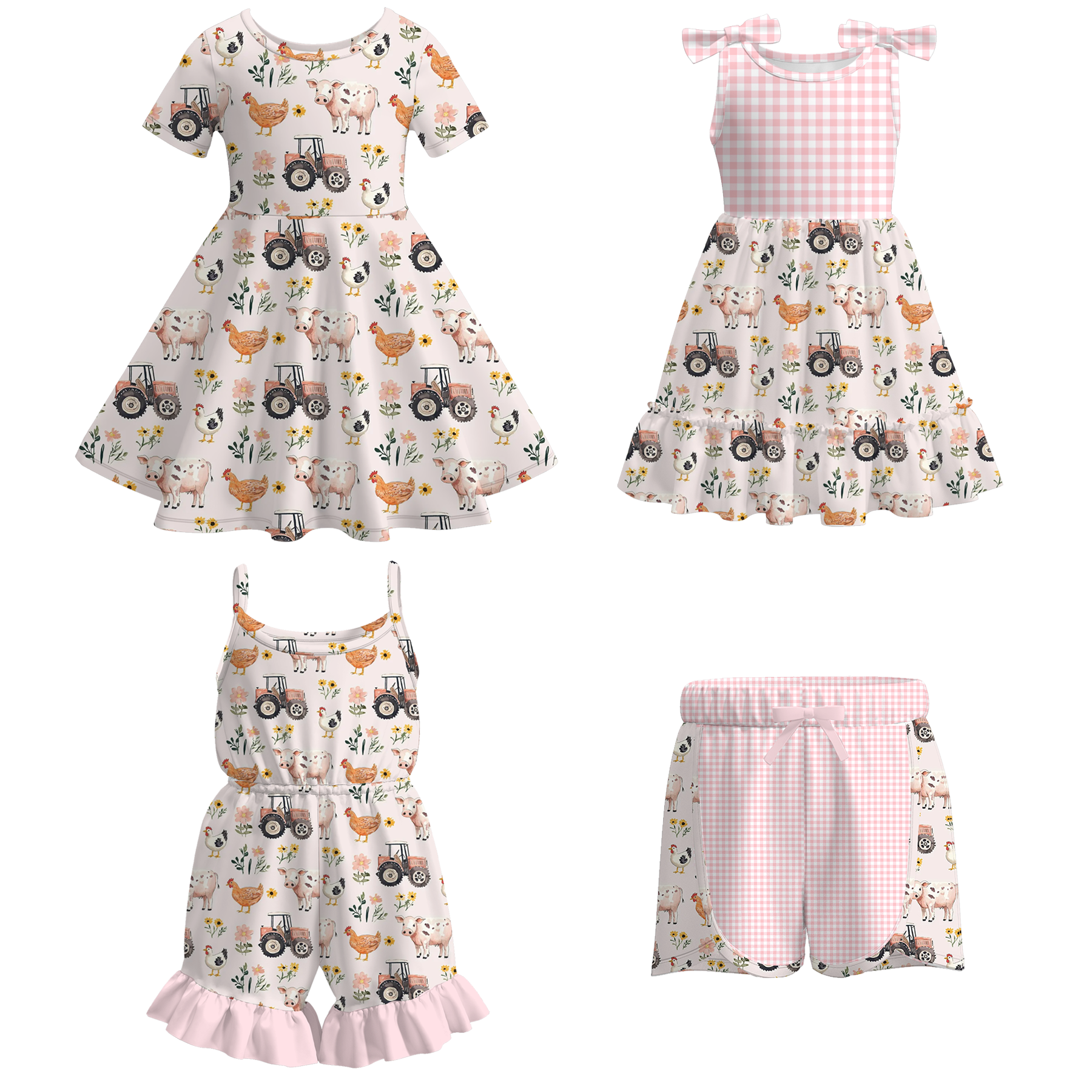 (Pre Order)Girls Spring and Summer Farm Print Dress,Shorts and Jumpsuit