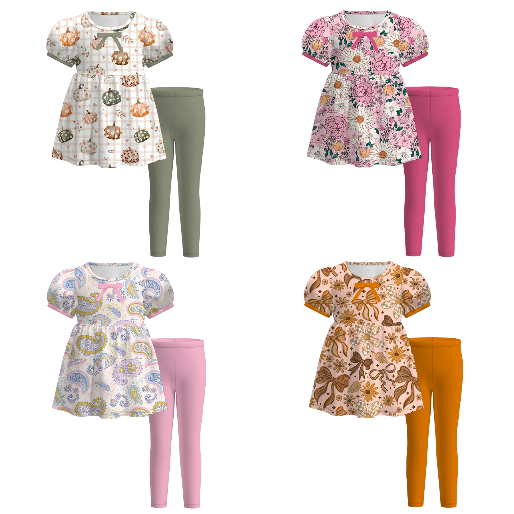 (Pre Order)Girls Fall Pumpkin&Floral Print Outfit Set