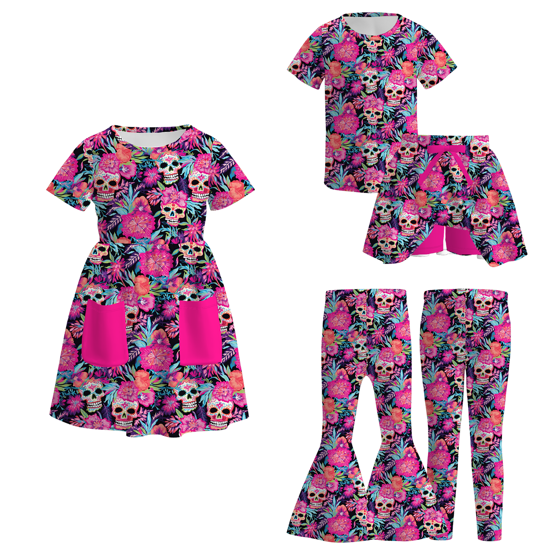(Pre Order)Girls Halloween Sugar Skull Print Dress,Set&Pants