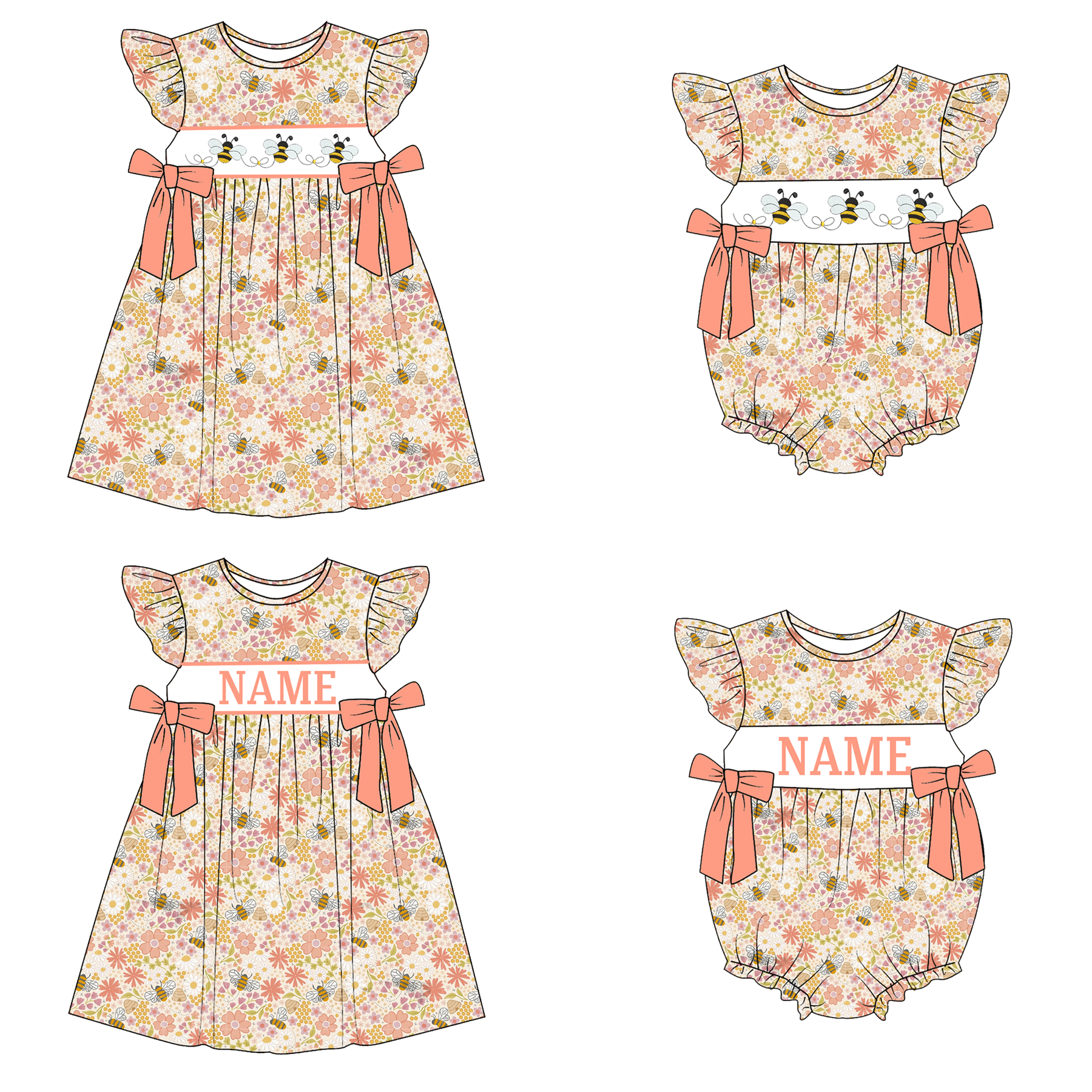 (Pre Order)Sisters Spring&Summer Bee Embroidery Smocked Dress&Romper