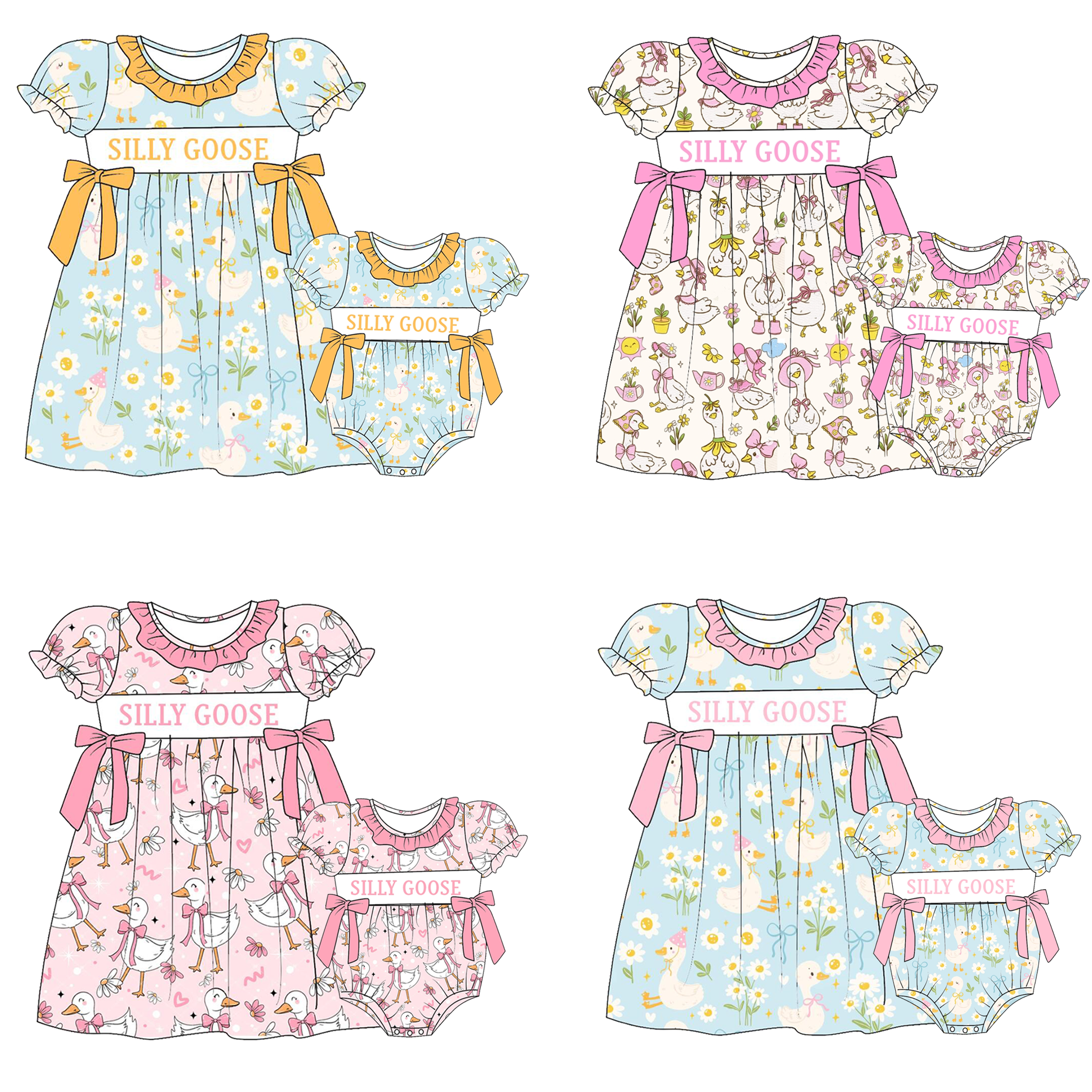 (Pre Order)Sisters Spring and Summer Silly Goose Embroidery Smocked Dress&Romper