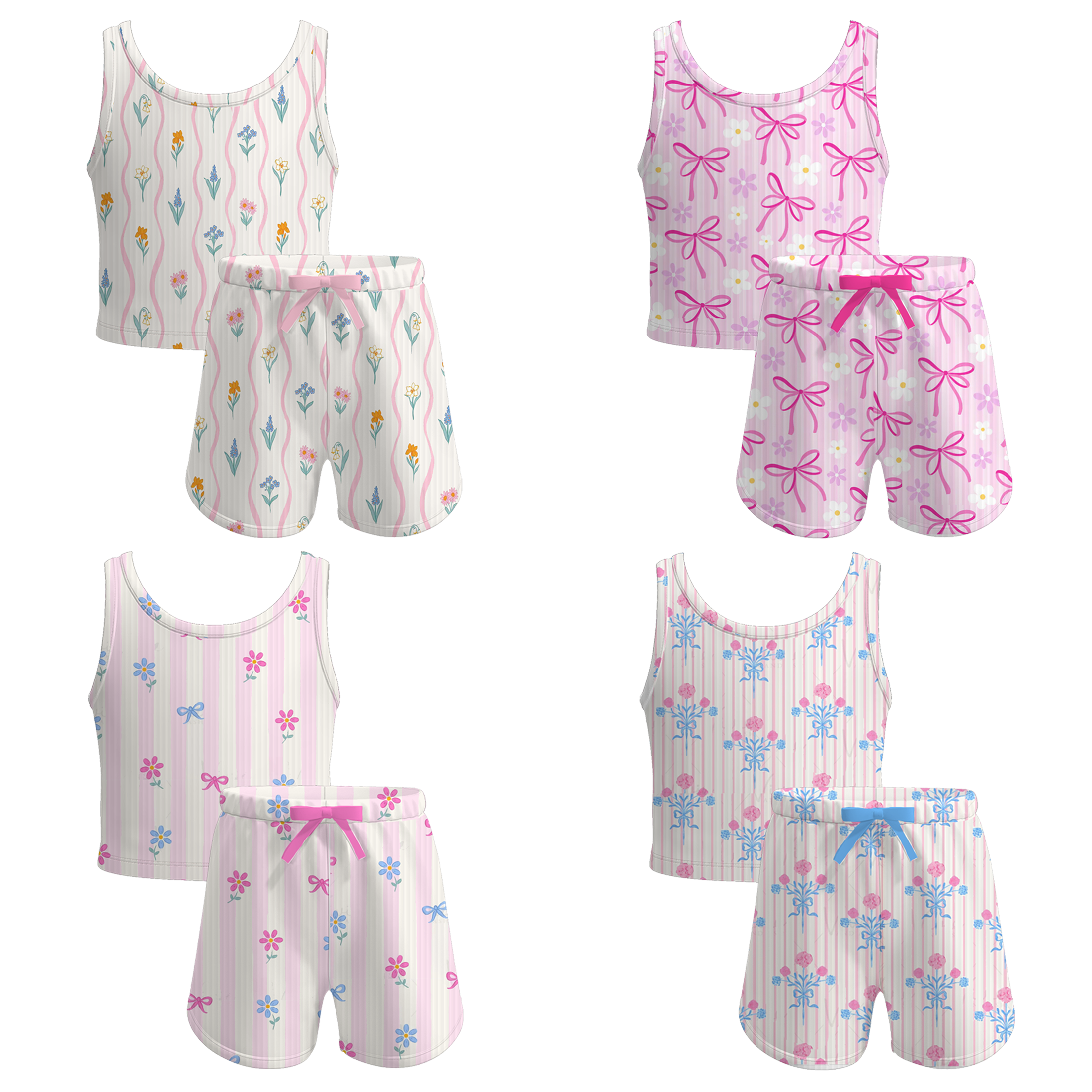 (Pre Order)Girls Spring and Summer Bow&Floral Print Twill Shorts Set