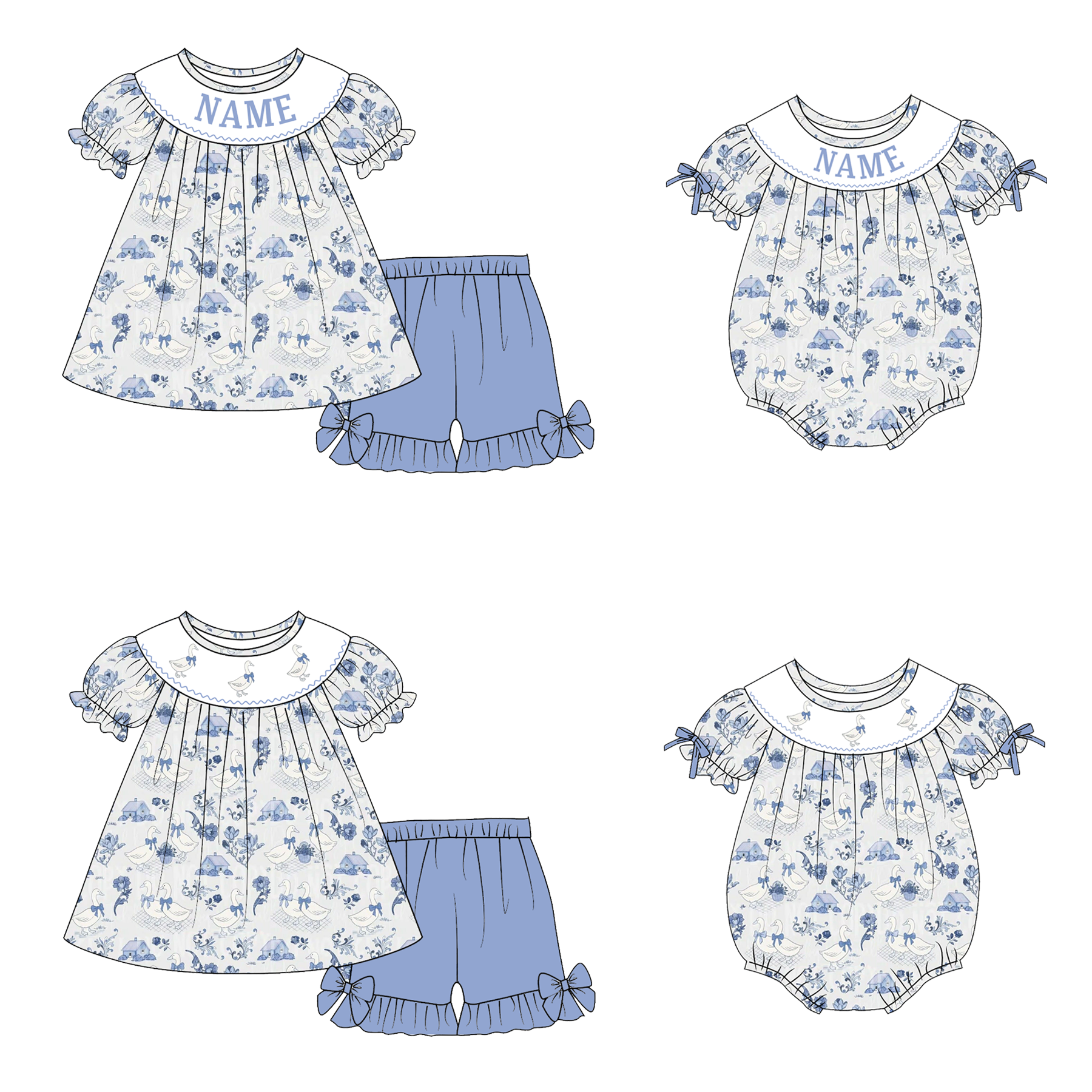 (Pre Order)Sisters Spring&Summer Goose Embroidery Smocked Shorts Set&Romper