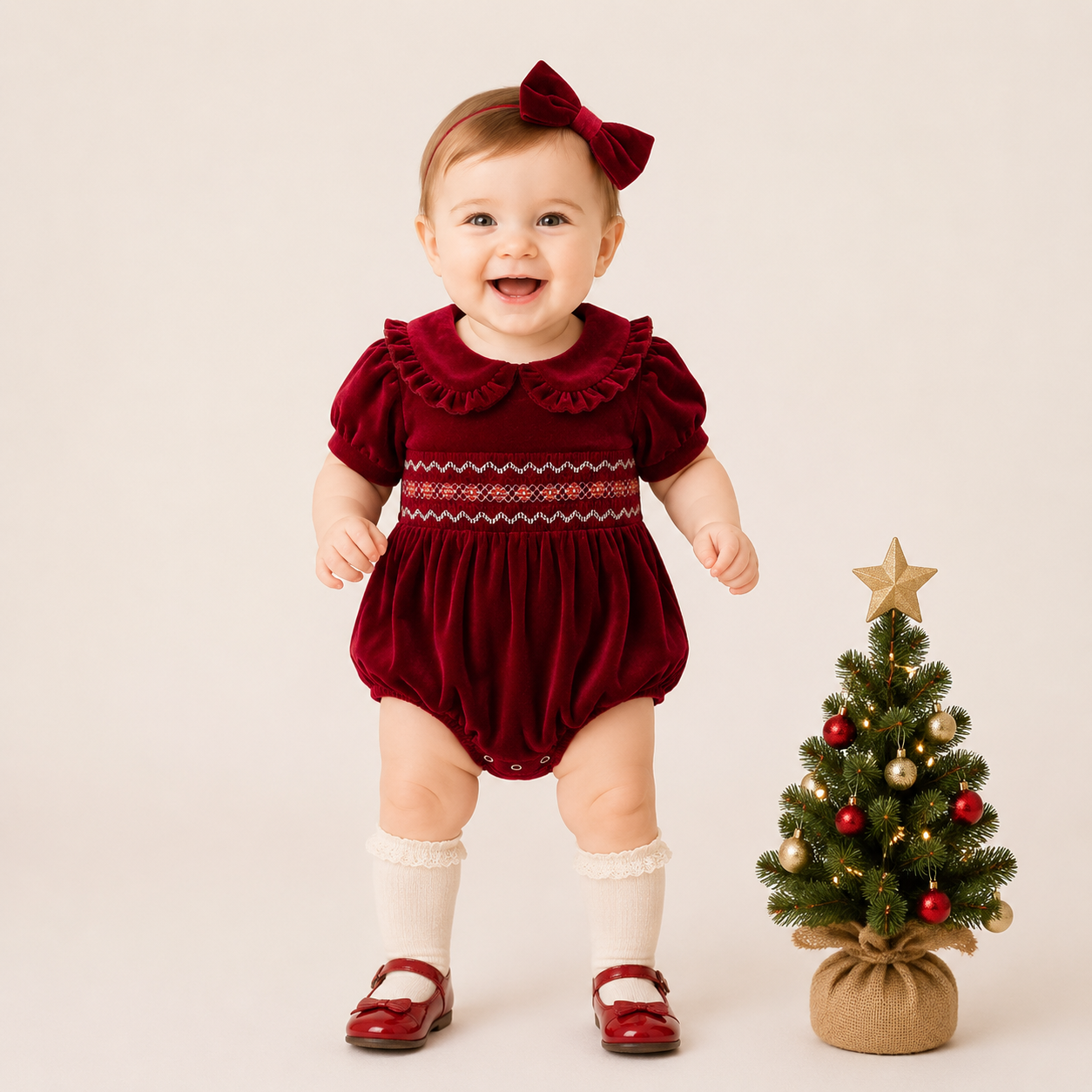 (In Stock)Toddler Girls Christmas Red Velvet Smocked Romper