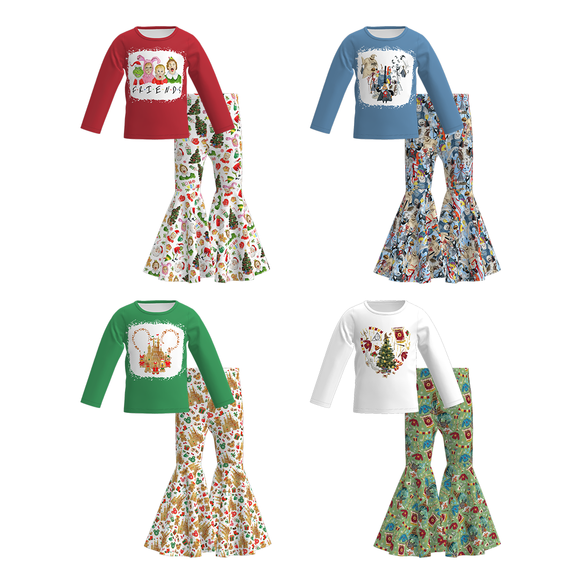(Pre Order)Girls Christmas Cartoon Print Outfit Set