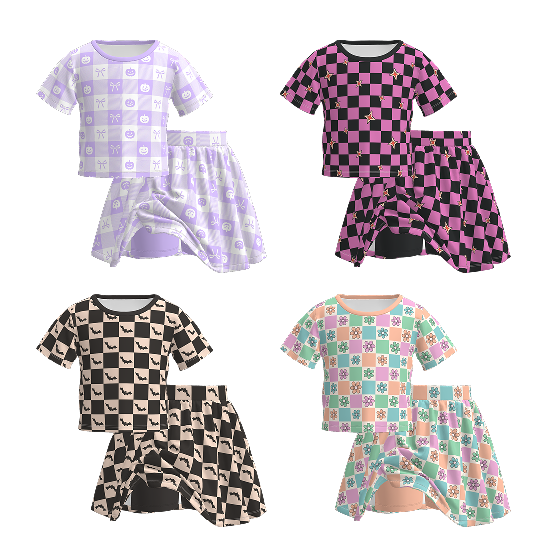 (Pre Order)Girls Halloween Checkerboard Print Skort Set