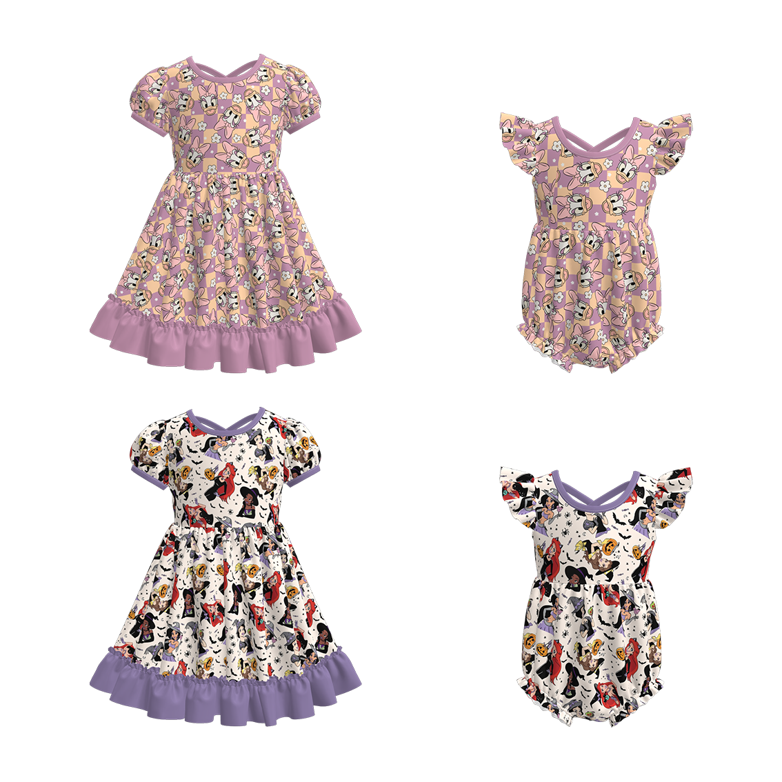 (Pre Order)Sisters Halloween Cartoon Print Dress&Romper