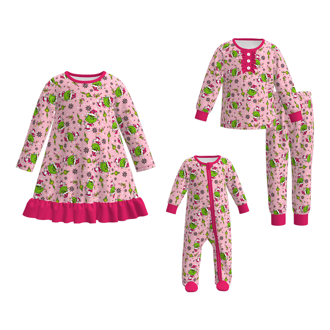 (Pre Order)Sisters Christmas Cartoon Print Dress,Pajamas&Romper