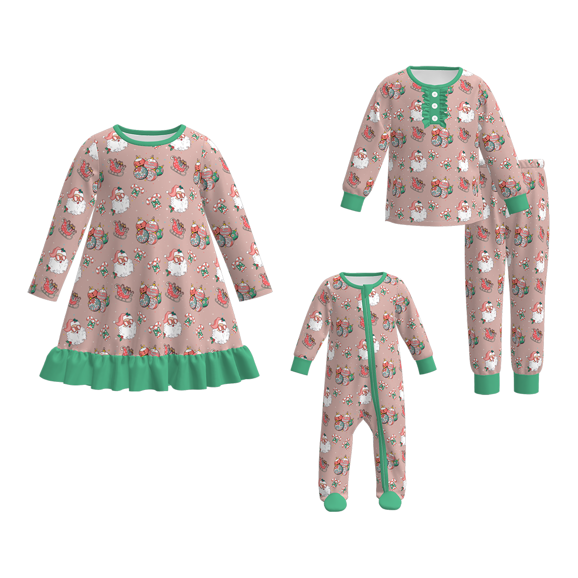 (Pre Order)Sisters Christmas Santa Claus Print Dress,Pajamas&Romper