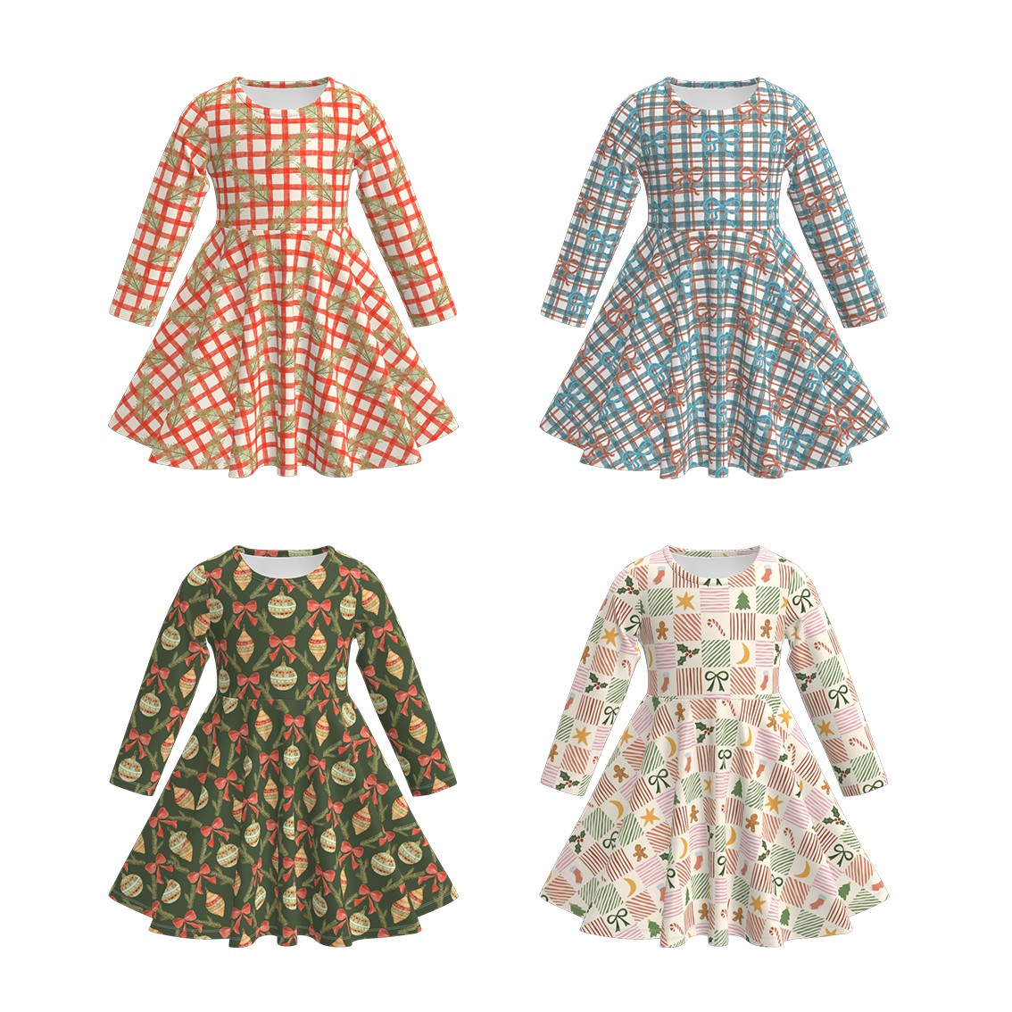 (Pre Order)Girls Christmas Plaid Print Long Sleeves Dress