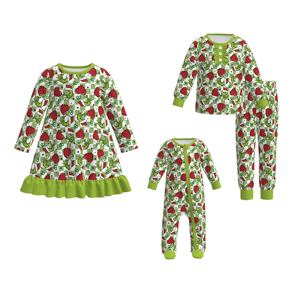 (Pre Order)Sisters Christmas Cartoon Print Dress,Pajamas&Romper