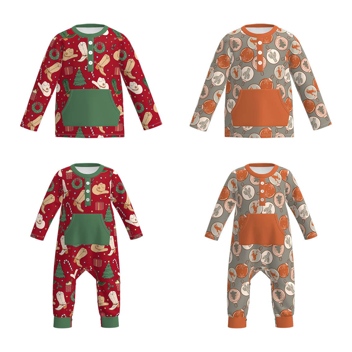 (Pre Order)Brothers Christmas Print Top&Romper with Pockets