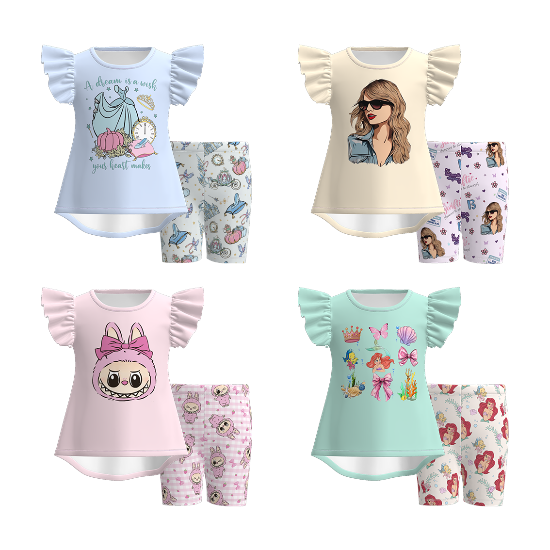 (Pre Order)Girls Spring and Summer Cartoon Print Cycling Trouser Set