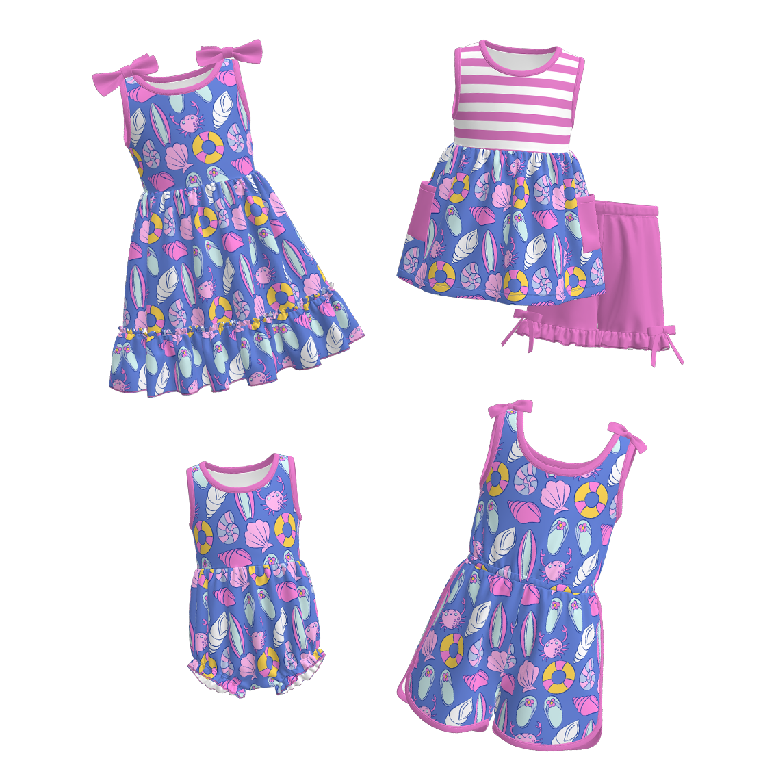 (Pre Order)Girls Spring and Summer Sea Shell Print Dress,Set,Jumpsuit&Romper