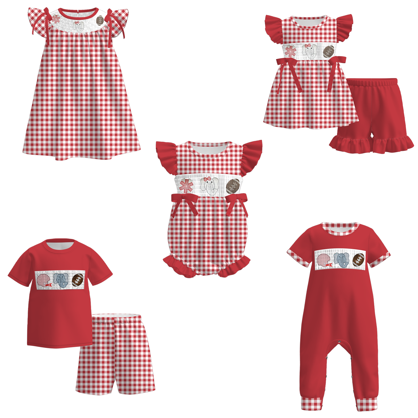 (Pre Order)Family Football Alabama Embroidery Smocked Dress,Set&Romper