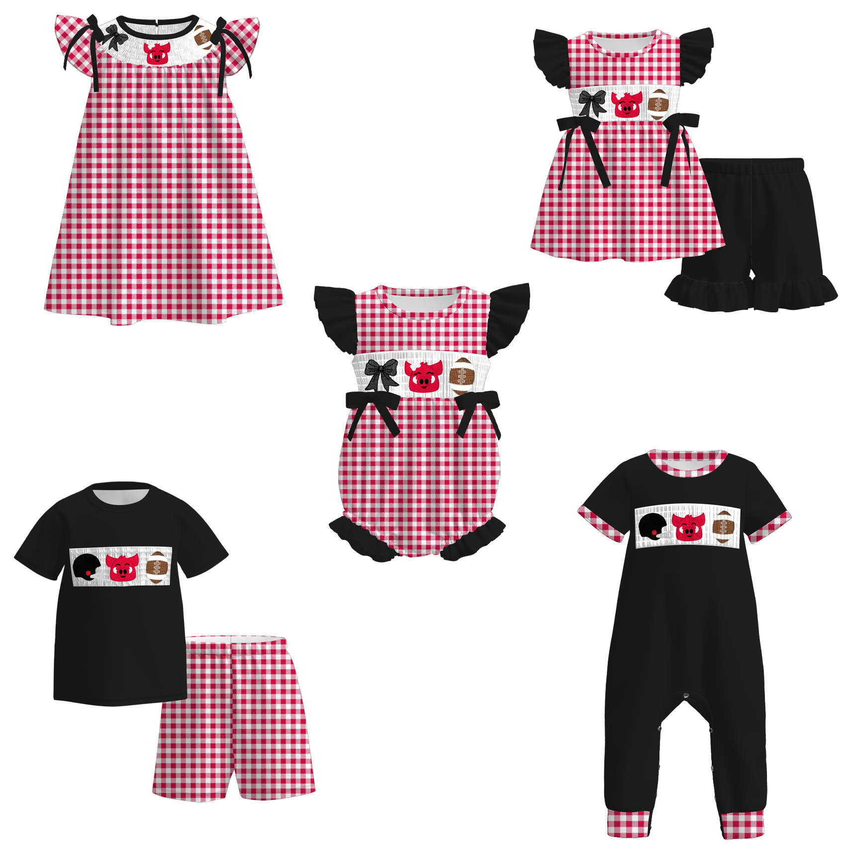 (Pre Order)Family Football Arkansas Embroidery Smocked Dress,Set&Romper
