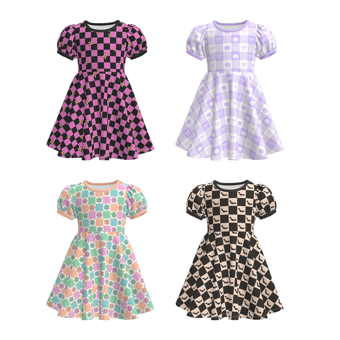 (Pre Order)Girls Halloween Checkerboard Print Dress