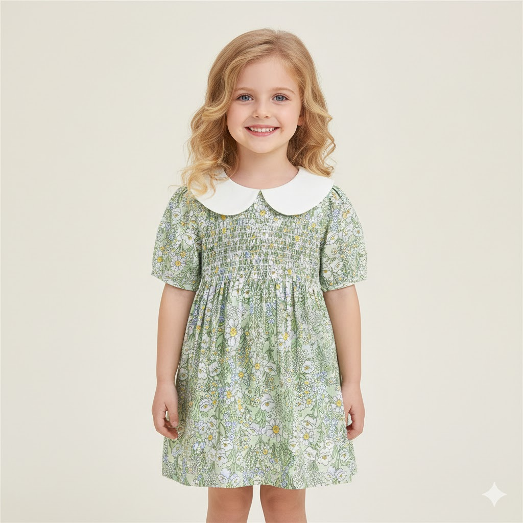 (In Production)Girls Spring&Summer Floral Print Smocked Dress