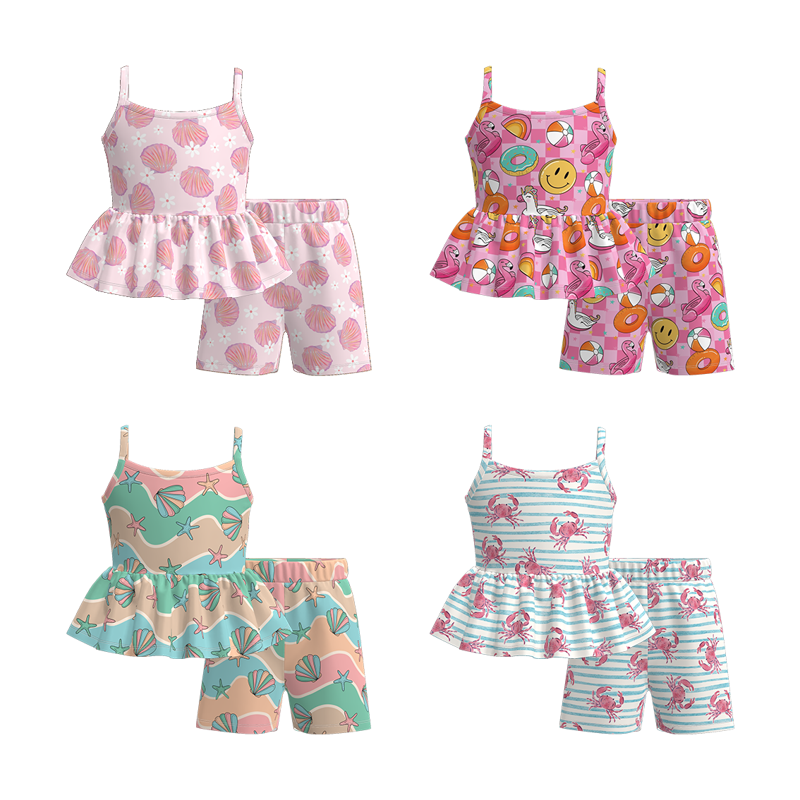 (Pre Order)Girls Spring and Summer Sea Side Print Shorts Set