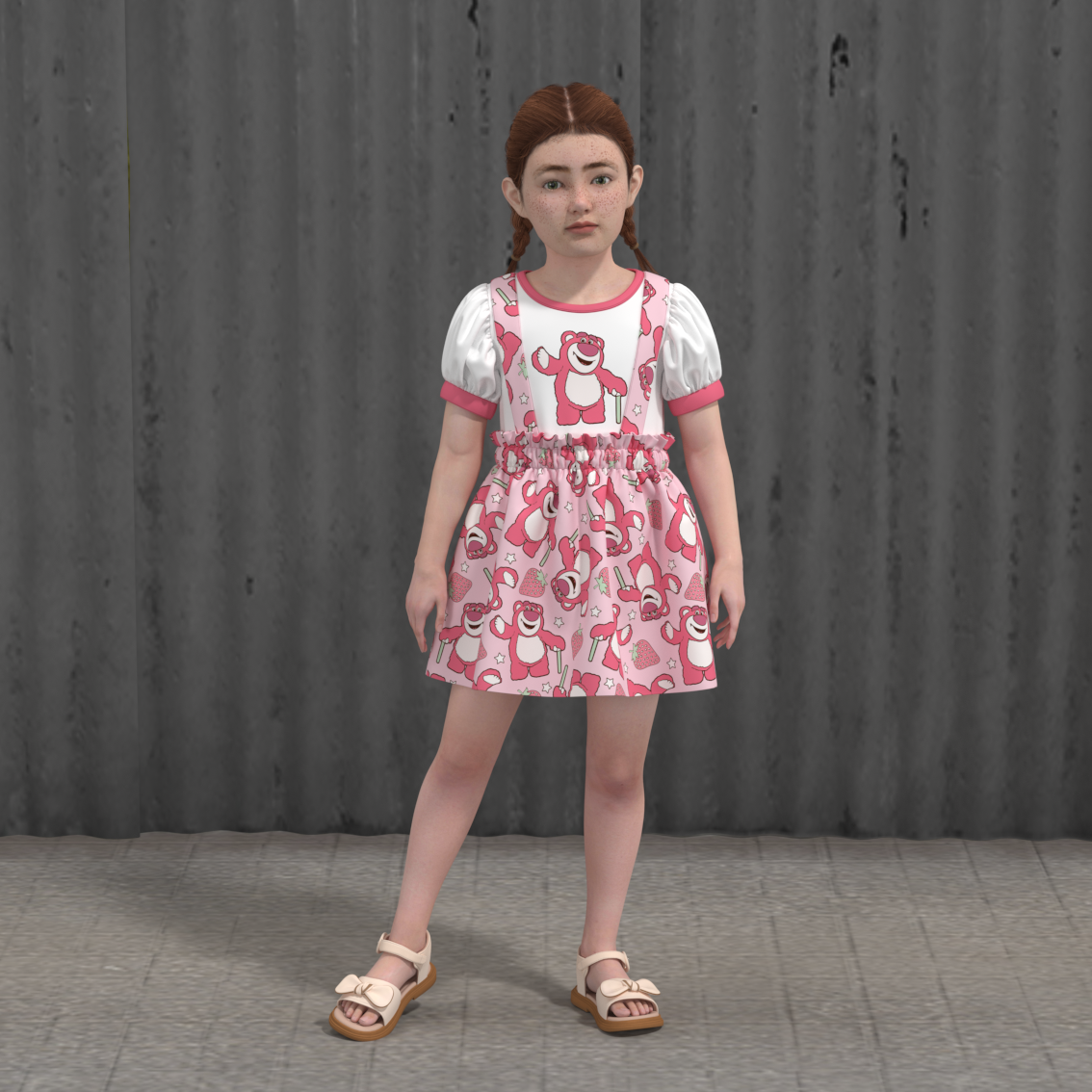 (Pre Order)Girls Spring and Summer Cartoon Print Strap Dress