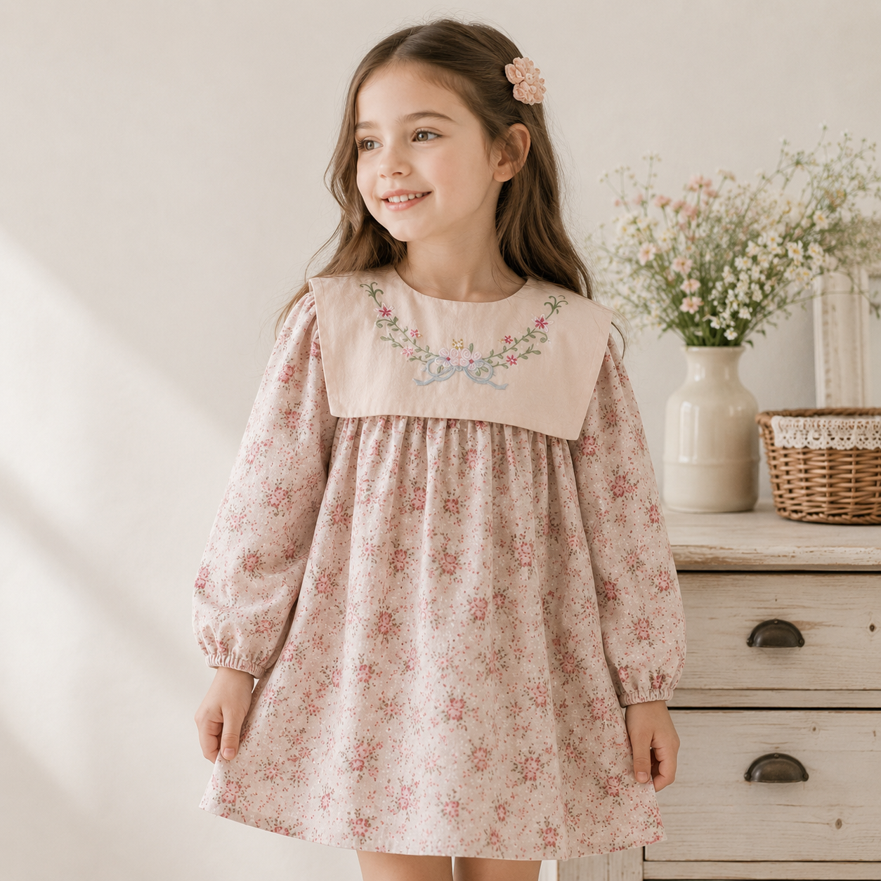 (In Production)Girls Fall Floral Embroidery Dress