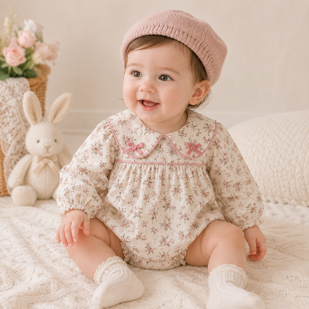 (In Production)Girls Fall Rose Print Baby Collar Romper