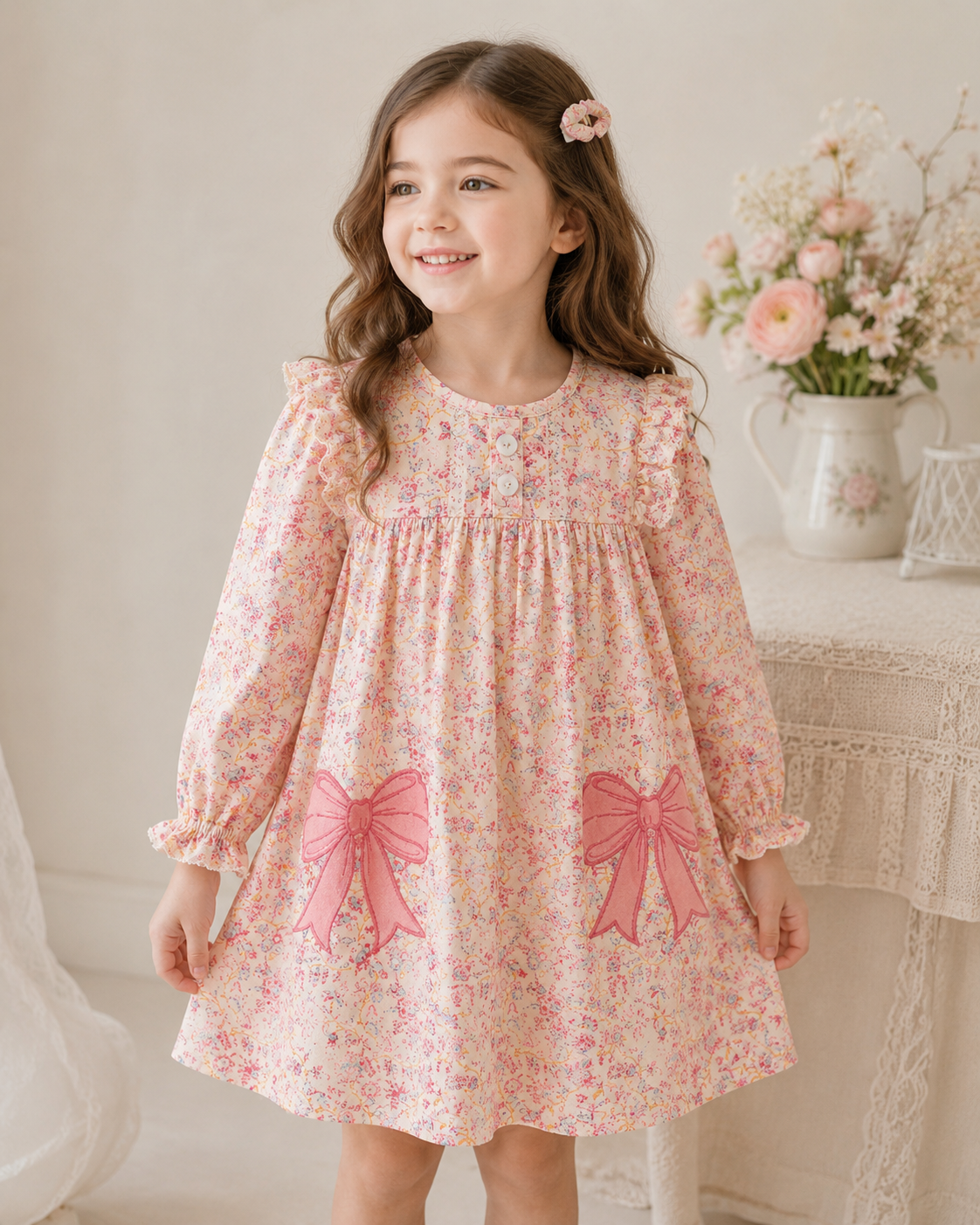 (In Stock)Girls Fall Bow Applique Dress