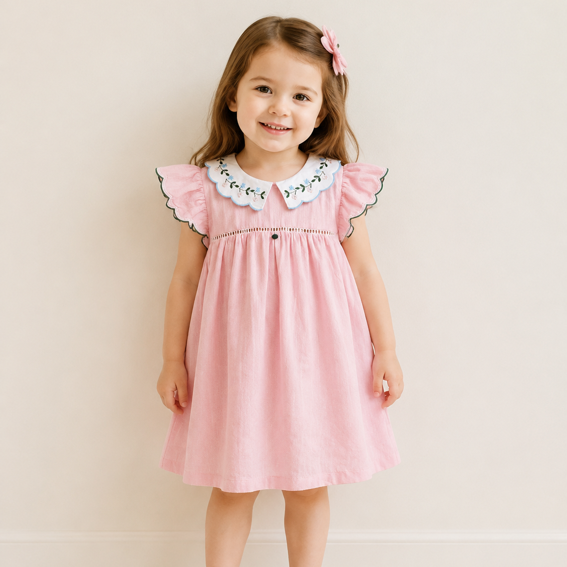 (In Production)Girls Fall Floral Embroidery Scallop Dress