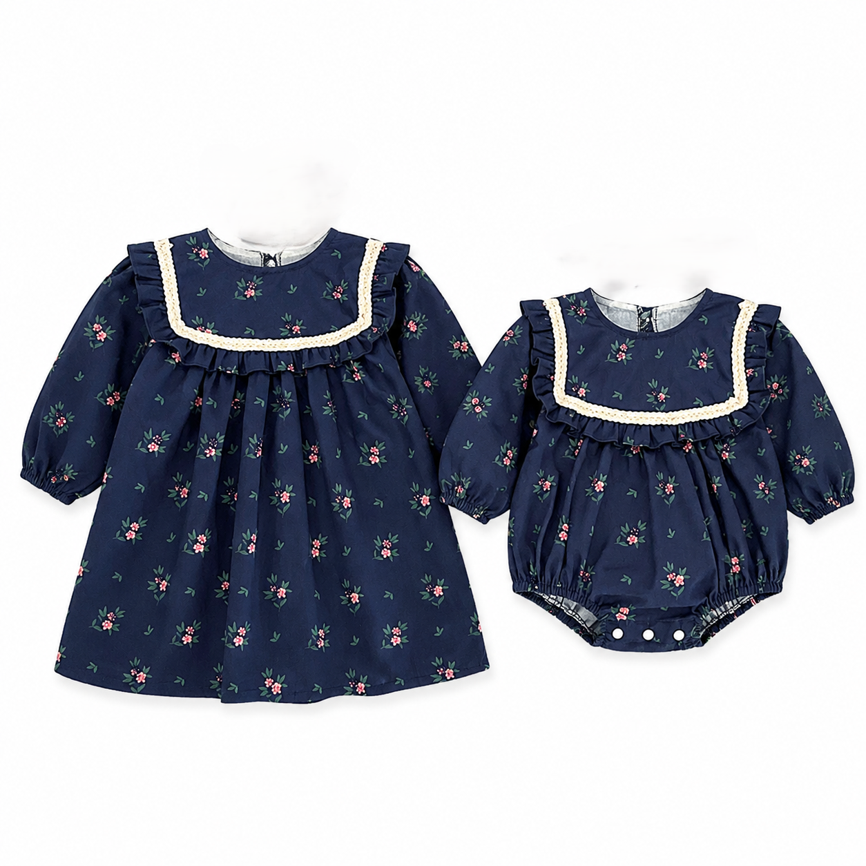 (In Production)Sisters Fall Navy Floral Print Dress&Romper
