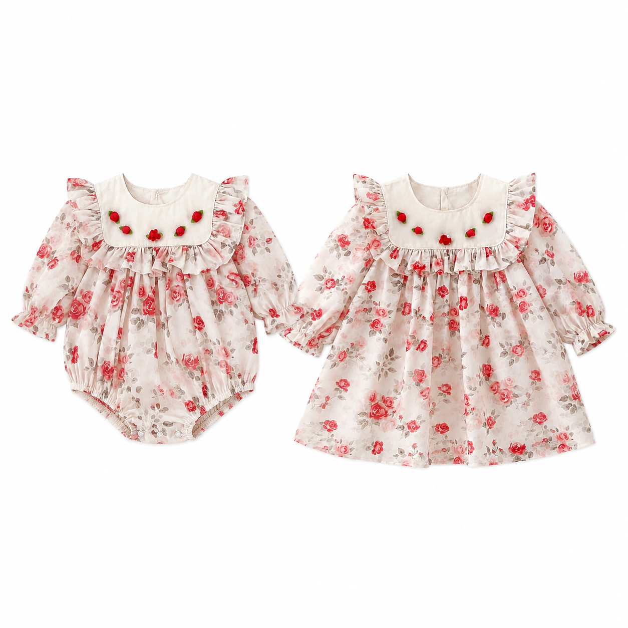 (In Production)Sisters Fall Rose Print Ruffle Dress&Romper