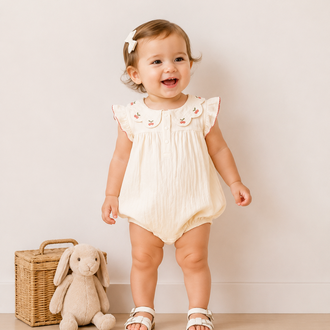 (Pre Order 2 Weeks)Toddler Girls Cherry Embroidery Scallop Collar Romper