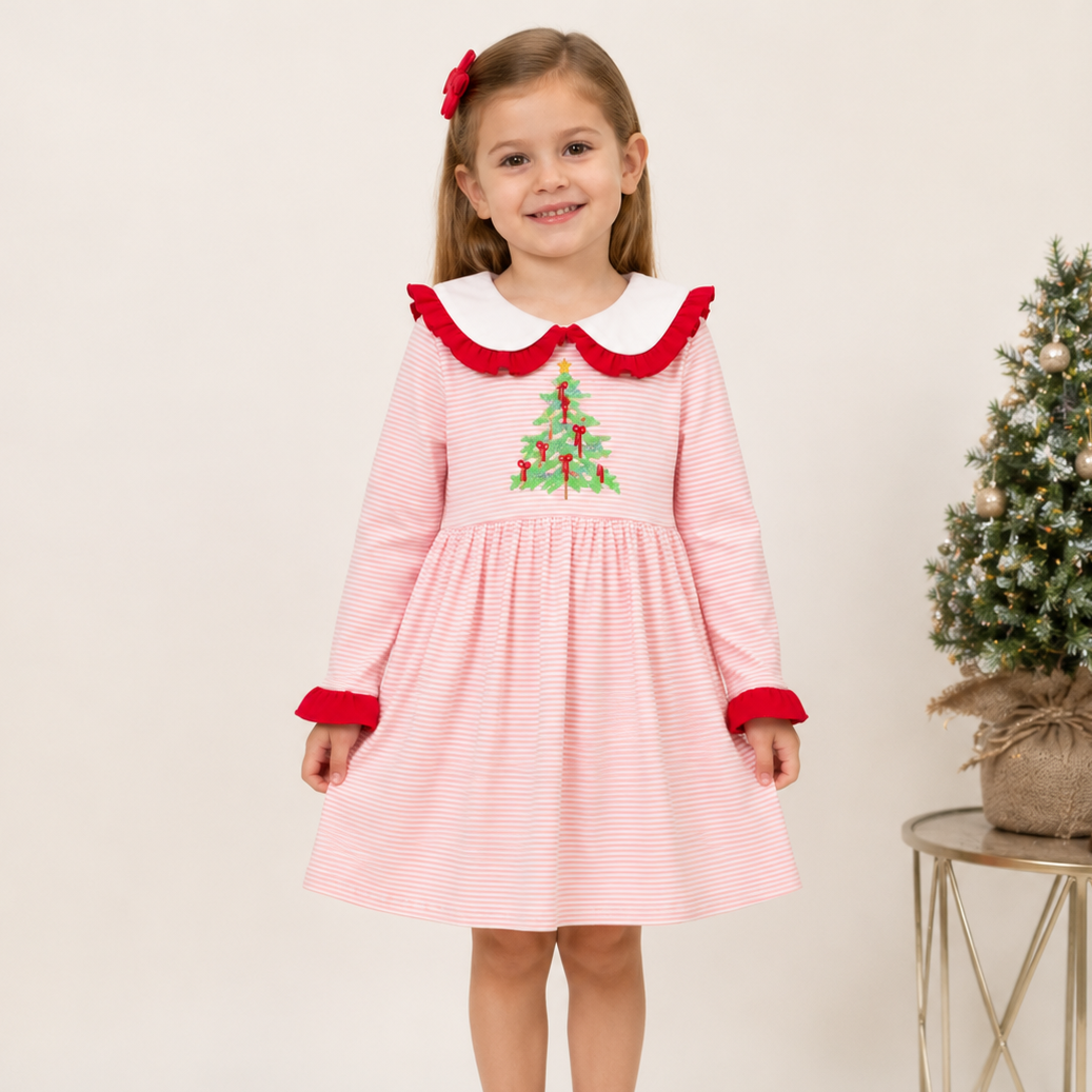 (In Stock)Girls Christmas Tree Embroidery Cotton Dress