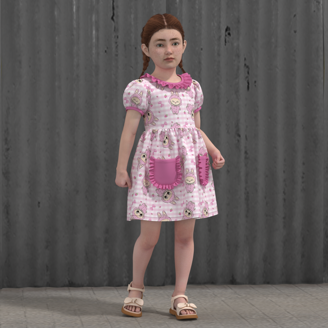 (Pre Order)Girls Spring and Summer Cartoon Print Dress with Pockets