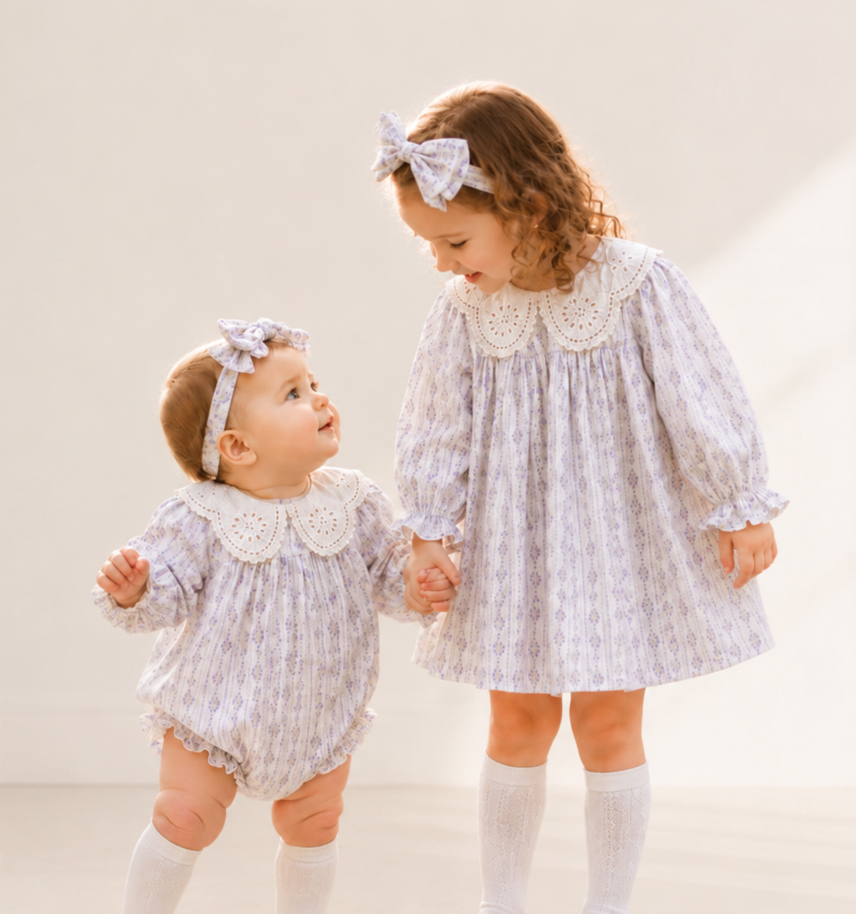 (In Production)Sisters Baby Lace Collar Lavender Dress&Romper
